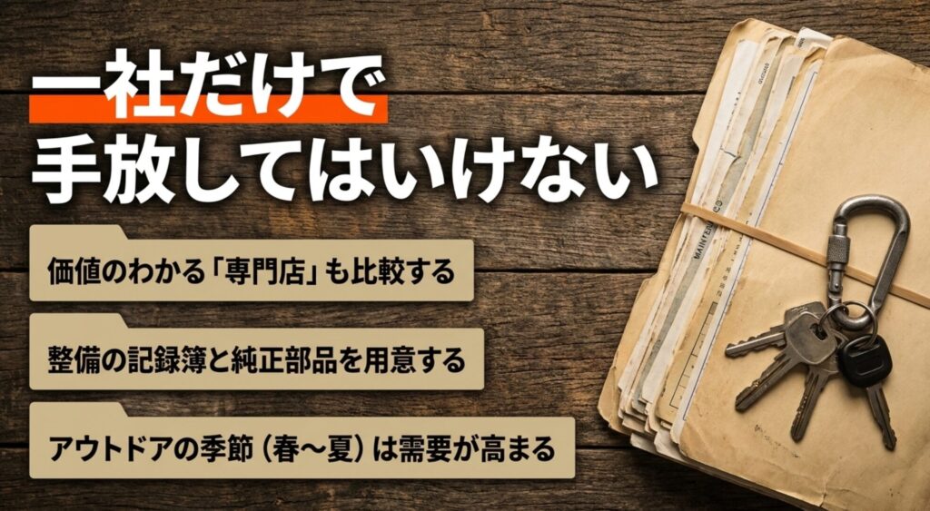 ラングラーを一社だけで手放さず、専門店比較、整備記録、純正部品、売却時期を確認するスライド