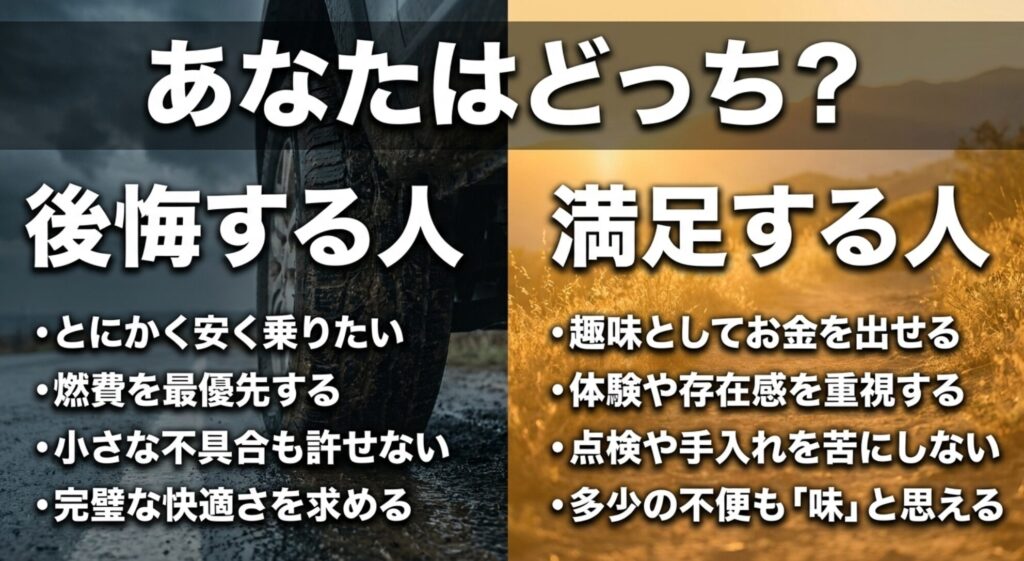 ジープで後悔しやすい人と満足しやすい人の違いを比較した判断用スライド