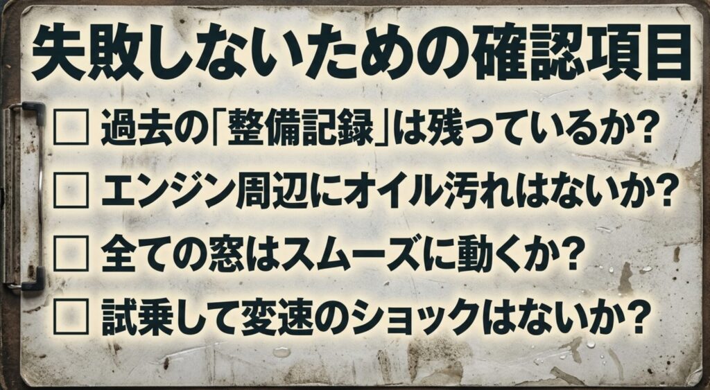 中古ジープチェロキー購入前に整備記録、オイル汚れ、窓の動き、変速ショックを確認すべきことを示すチェックリスト画像