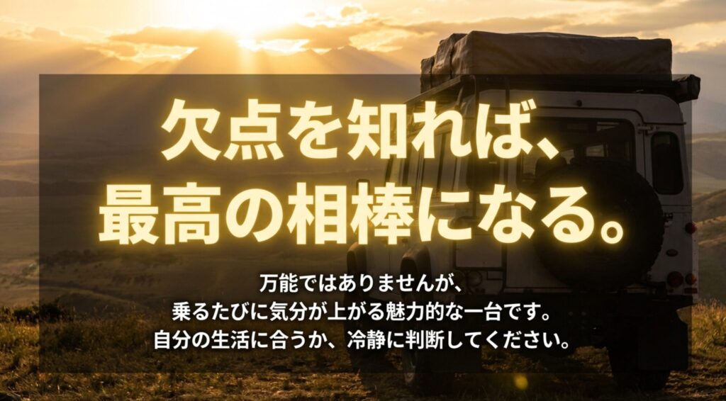 ジープコマンダーは万能ではないが欠点を理解すれば魅力的な相棒になることをまとめた総括スライド
