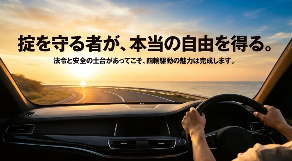 海沿いの道を走る車内風景と「掟を守る者が本当の自由を得る」というメッセージ。安全と法令を守る4WDライフの締めくくり。