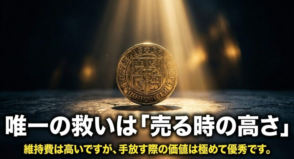 光を浴びるコインを背景に、ラングラーは維持費が高くても売却時の価値が強いことを示すスライド