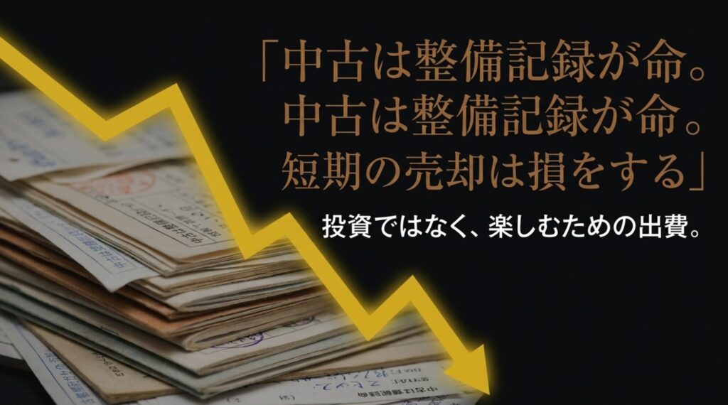 ジープコンパスの中古購入では価格より整備記録や履歴確認が重要で短期売却は損をしやすいことを示すスライド