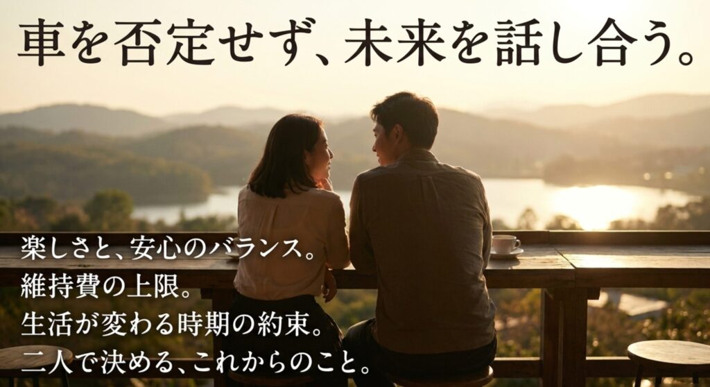 湖を眺めながら座るカップルの後ろ姿とともに、車を否定せず維持費や将来の暮らしについて話し合う大切さを伝えるスライド
