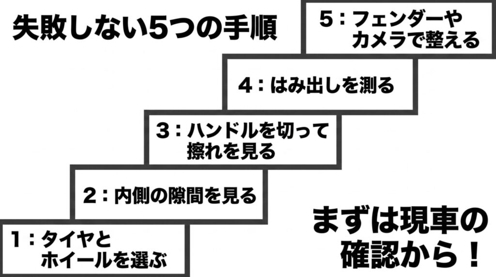 FJクルーザーで285サイズタイヤを履く前に確認したいタイヤ選び、内側確認、ハンドル操作、はみ出し測定、フェンダー対策の手順