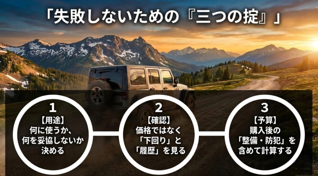 用途、下回りと履歴の確認、購入後の整備と防犯予算を中古4WD選びの三つの掟として整理したスライド