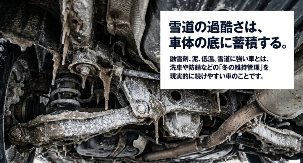 融雪剤や泥、低温の影響が車体の下回りに蓄積するため、洗車や防錆など冬の維持管理が重要であることを示す画像