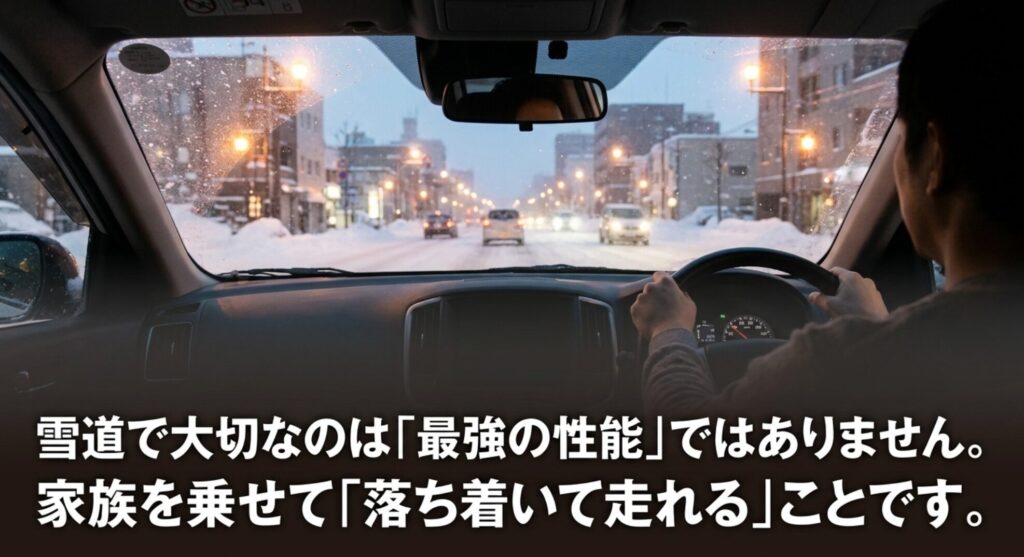 雪道を運転する車内からの視点。家族を乗せた雪道では最強性能より落ち着いて扱えることが大切だと示している。