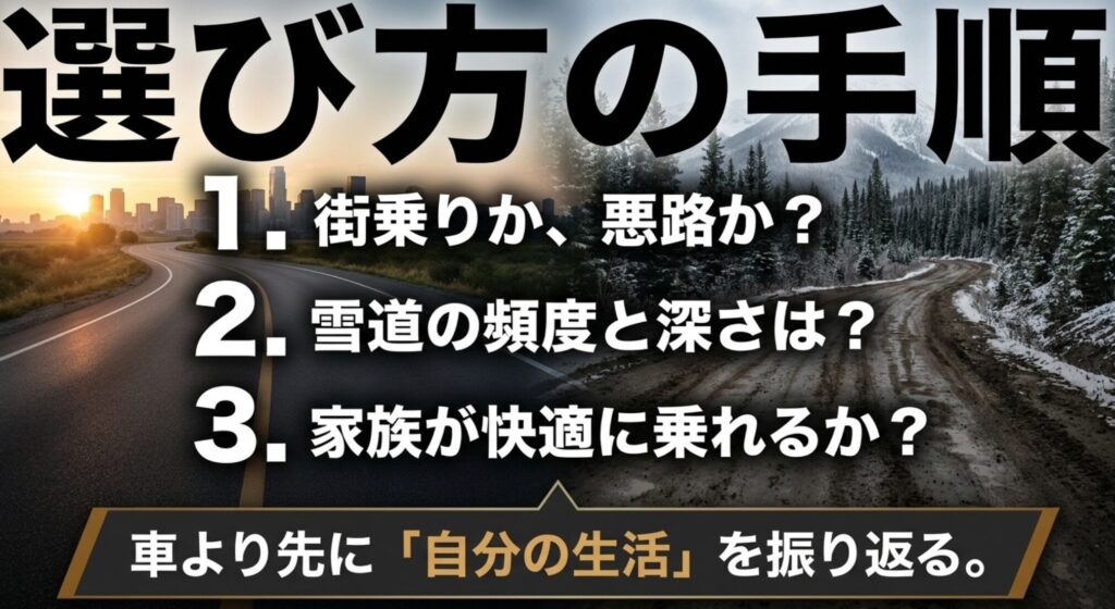 街乗りか悪路か、雪道の頻度と深さ、家族が快適に乗れるかを基準に4WDを選ぶ手順を示したスライド