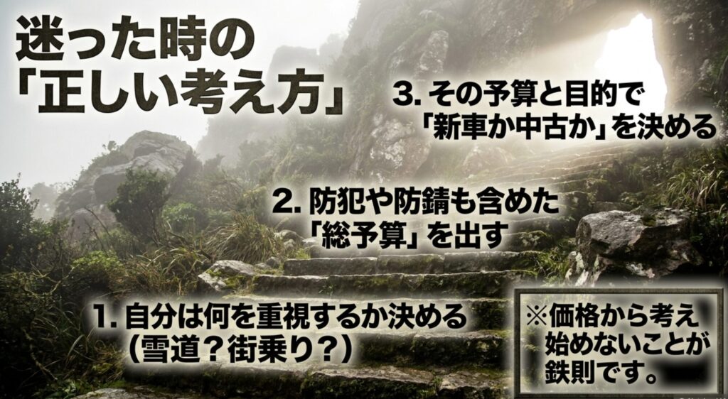 価格から考え始めず、重視する目的、防犯や防錆を含めた総予算、用途に合う選択を順に整理するスライド