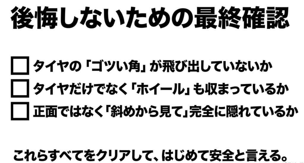 タイヤのゴツい角、ホイールの収まり、斜めからの隠れ方をチェック項目として示す最終確認スライド