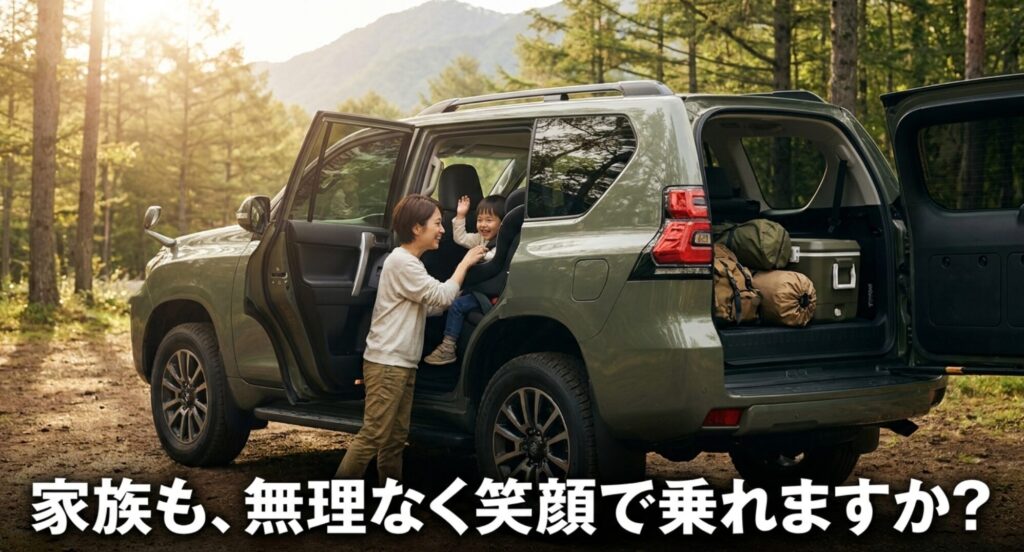 4WD車のそばで子どもを乗せる家族の様子を通じて、家族利用では乗り降りや使いやすさも大切だと示すスライド