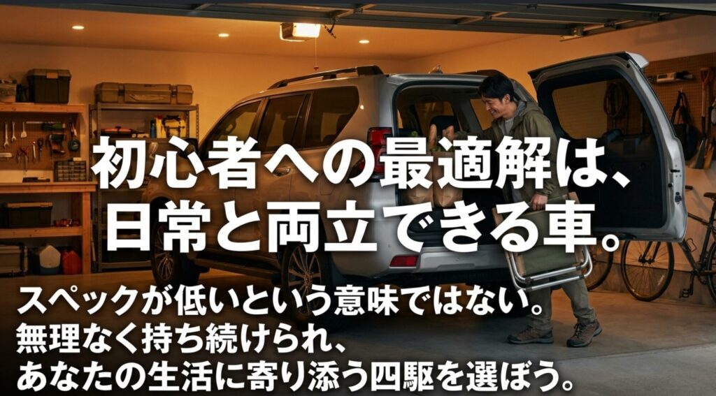 初心者向けの4WDは低スペックという意味ではなく、無理なく持ち続けられ生活に寄り添う車であることを伝えるスライド