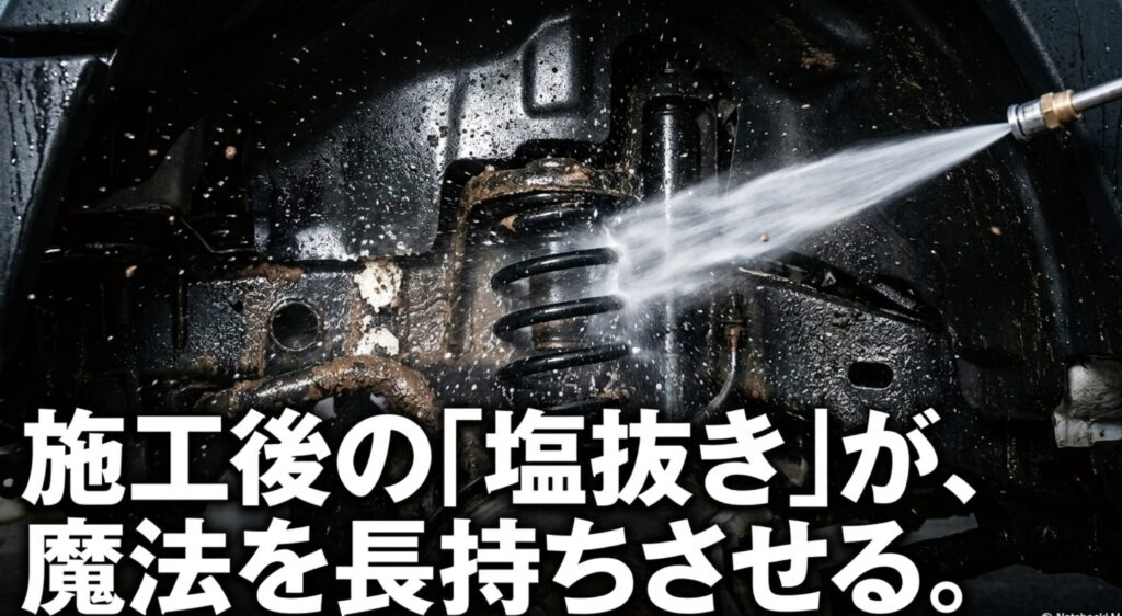 タイヤハウス内を洗浄する様子を背景に、防錆施工後も下回りの塩抜き洗浄が重要であることを示す画像