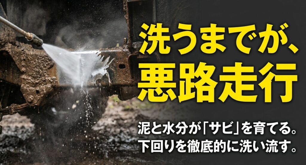 泥の付いた下回りを洗浄し、泥と水分がサビを育てるため徹底的に洗い流すべきと示すスライド