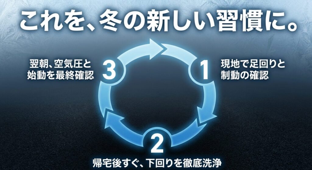 現地確認、帰宅後の下回り洗浄、翌朝の空気圧と始動確認を循環で示すスライド