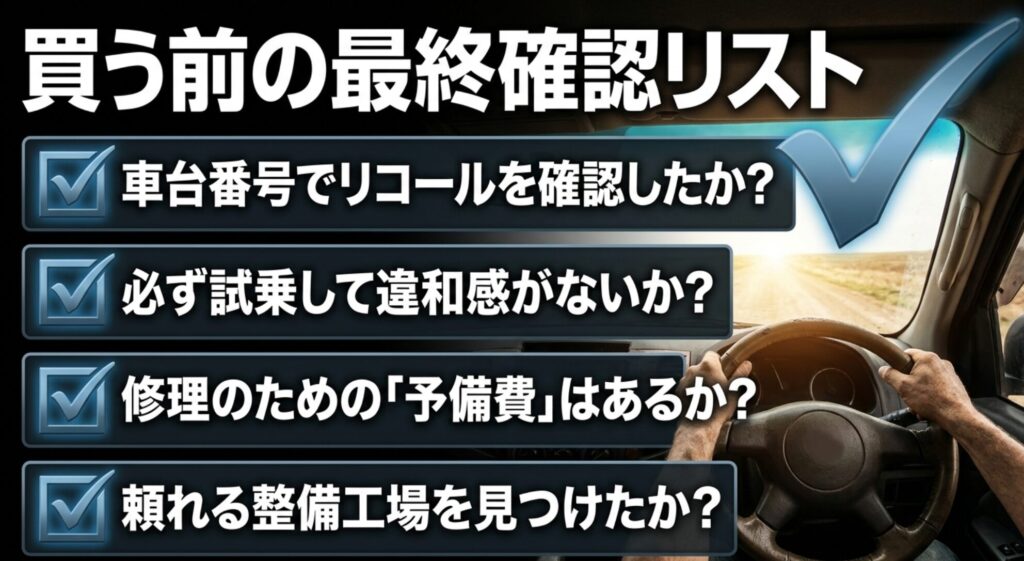 ジープチェロキー購入前に車台番号でのリコール確認、試乗、修理予備費、整備工場を確認するチェックリスト
