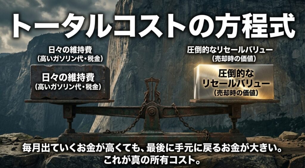 Jeepラングラーの所有コストは日々の維持費と売却時のリセールバリューで考えるべきことを示したスライド