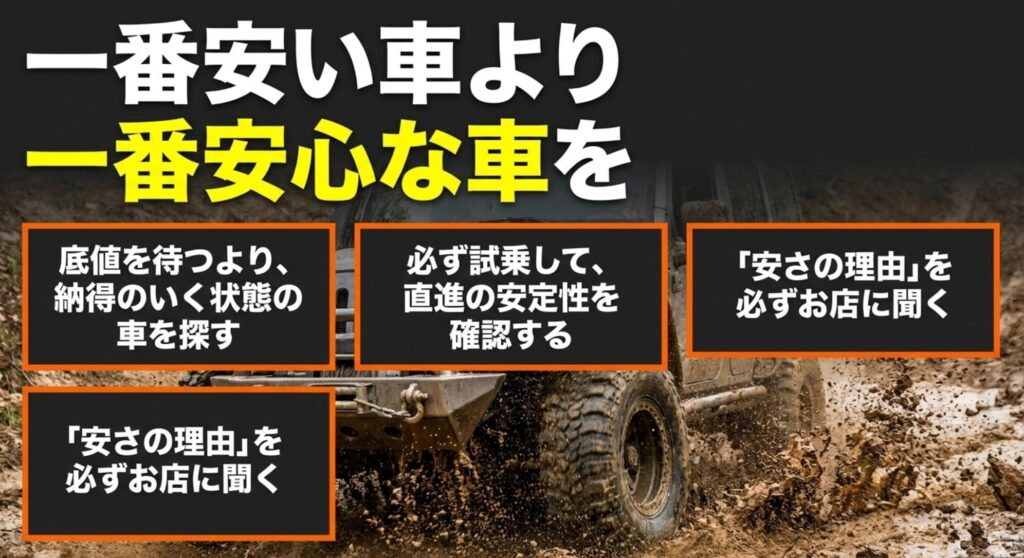 中古ラングラーは最安値だけで選ばず、試乗や直進安定性、安い理由の確認が大切と示すスライド