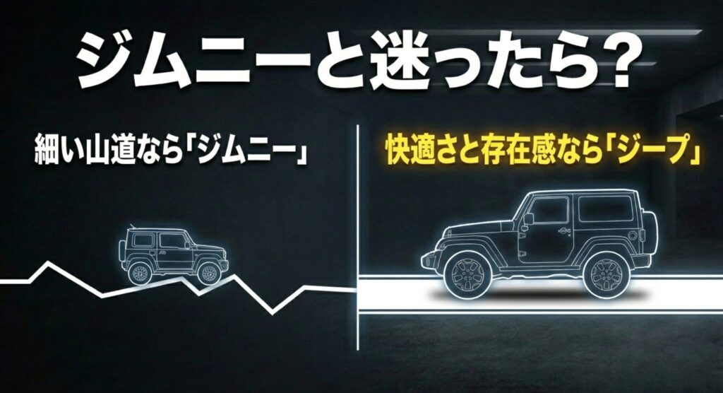 細い山道ならジムニー、快適性と存在感ならジープという選び方を示す比較スライド
