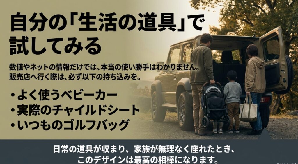 ジープレネゲード購入前にベビーカーやチャイルドシートやゴルフバッグを実際に持ち込む重要性を示したスライド