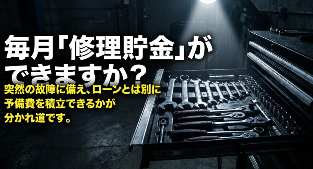 工具箱を背景に、ラングラーの突発故障に備えて毎月修理費を積み立てる重要性を示すスライド