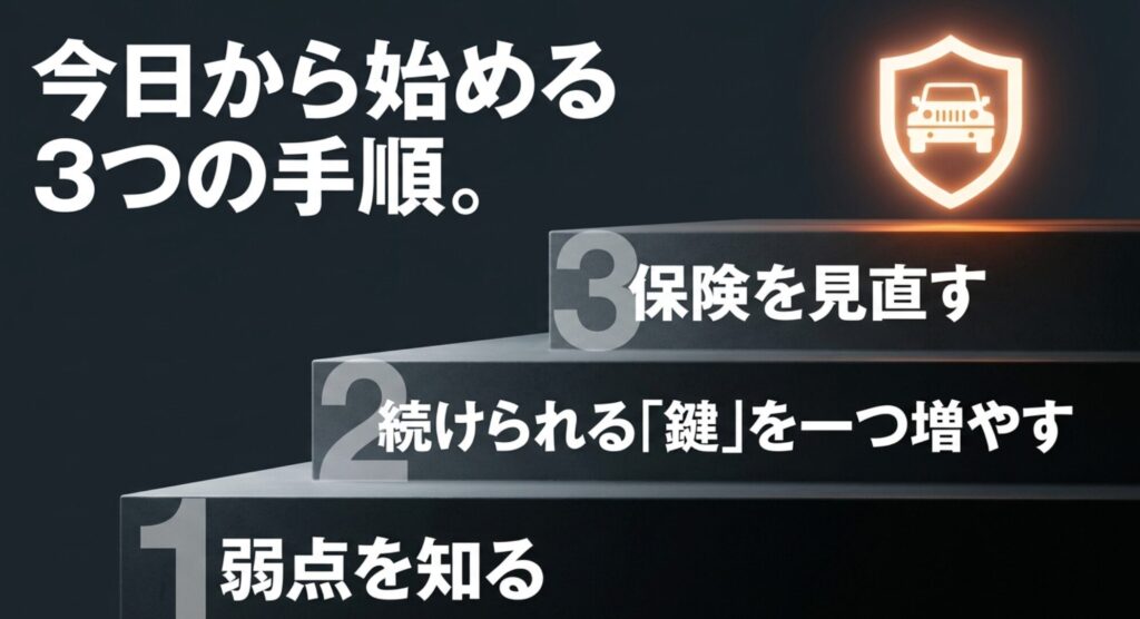 弱点を知る、続けられる鍵を一つ増やす、保険を見直すという3つの手順を階段状に示すスライド
