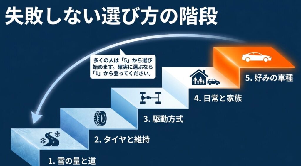 雪の量と道、タイヤと維持、駆動方式、日常と家族、好みの車種という順番で選ぶべきことを階段図で示したスライド