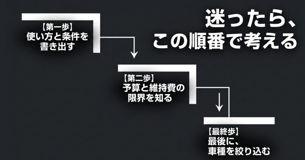 4WD選びで迷ったときに、使い方、予算と維持費、最後に車種の順で考える流れを示す図解画像