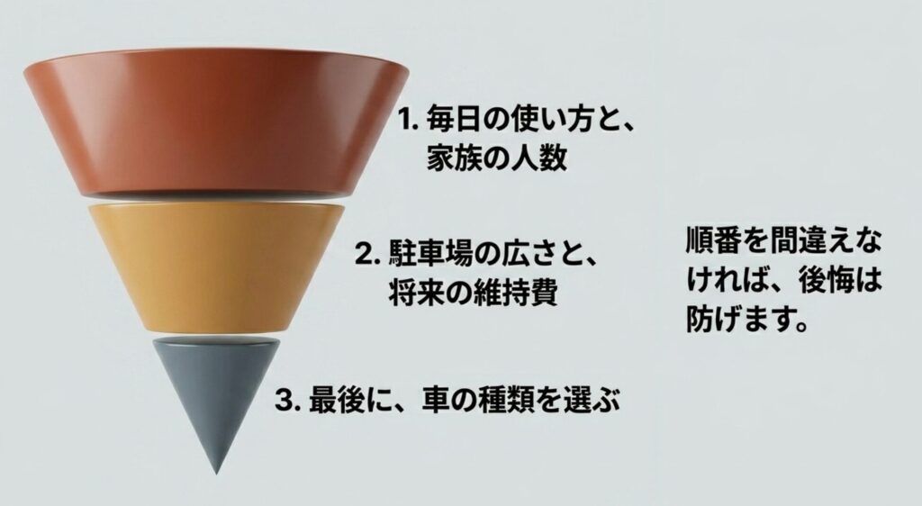 逆三角形の図で、毎日の使い方と家族の人数、駐車場の広さと維持費、最後に車種選びという順番を示している。