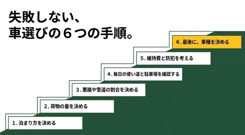 泊まり方、荷物量、悪路や雪道、日常利用、維持費と防犯、車種決定までの6段階を階段状に整理したスライド