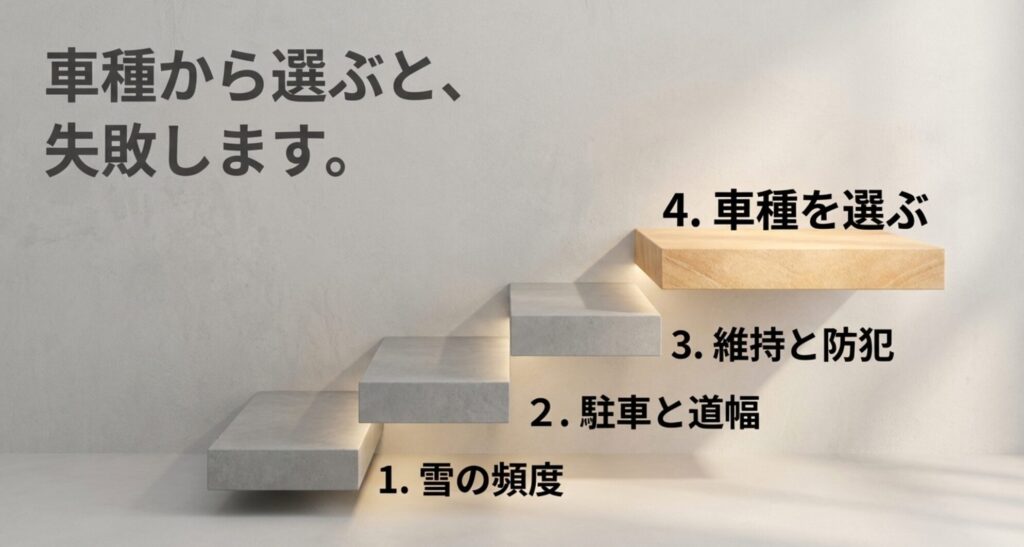 雪の頻度、駐車と道幅、維持と防犯を確認してから車種を選ぶ流れを階段で示したスライド。