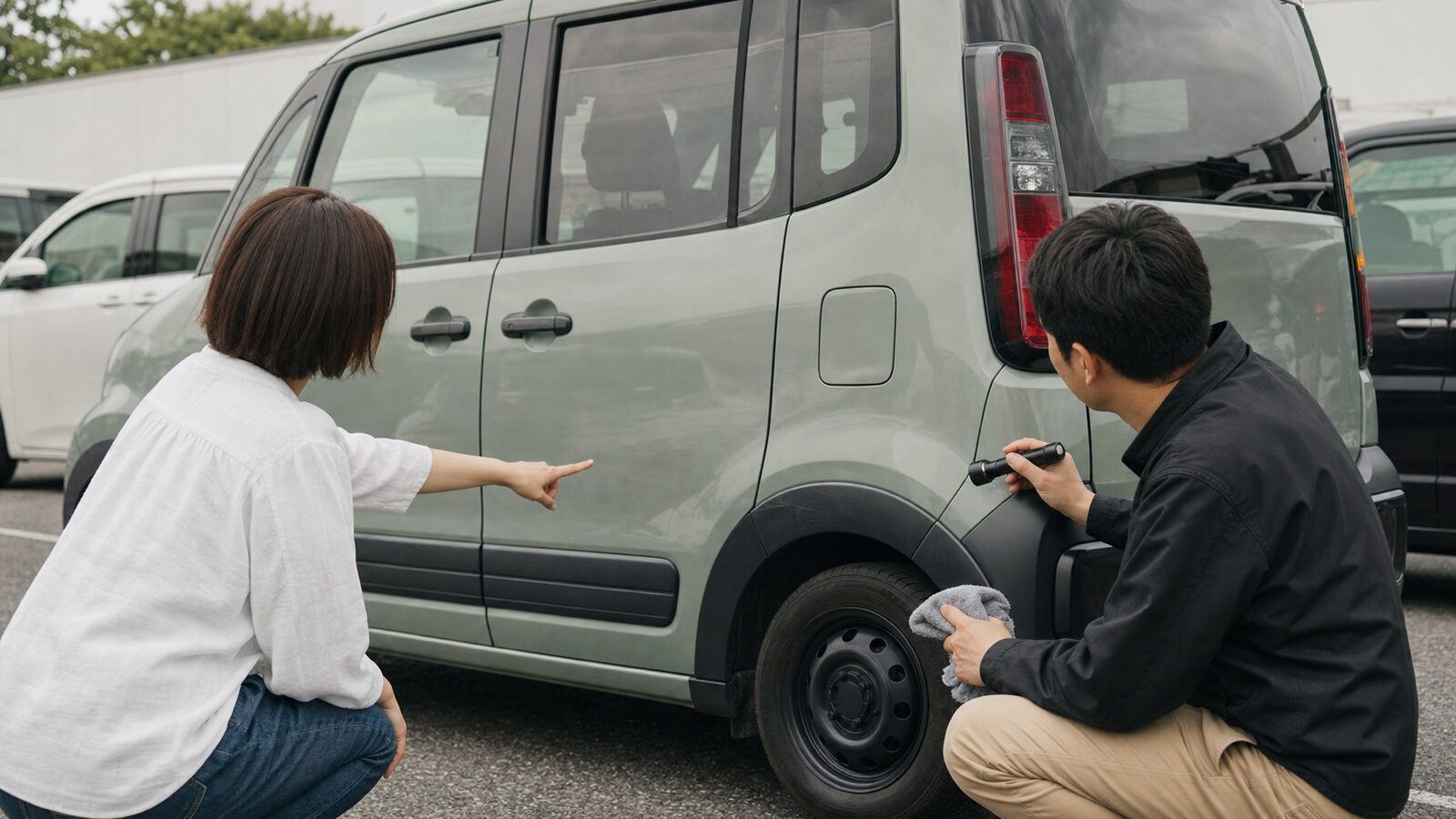 中古のデリカミニ風車両で色褪せや樹脂パーツを点検するイメージ