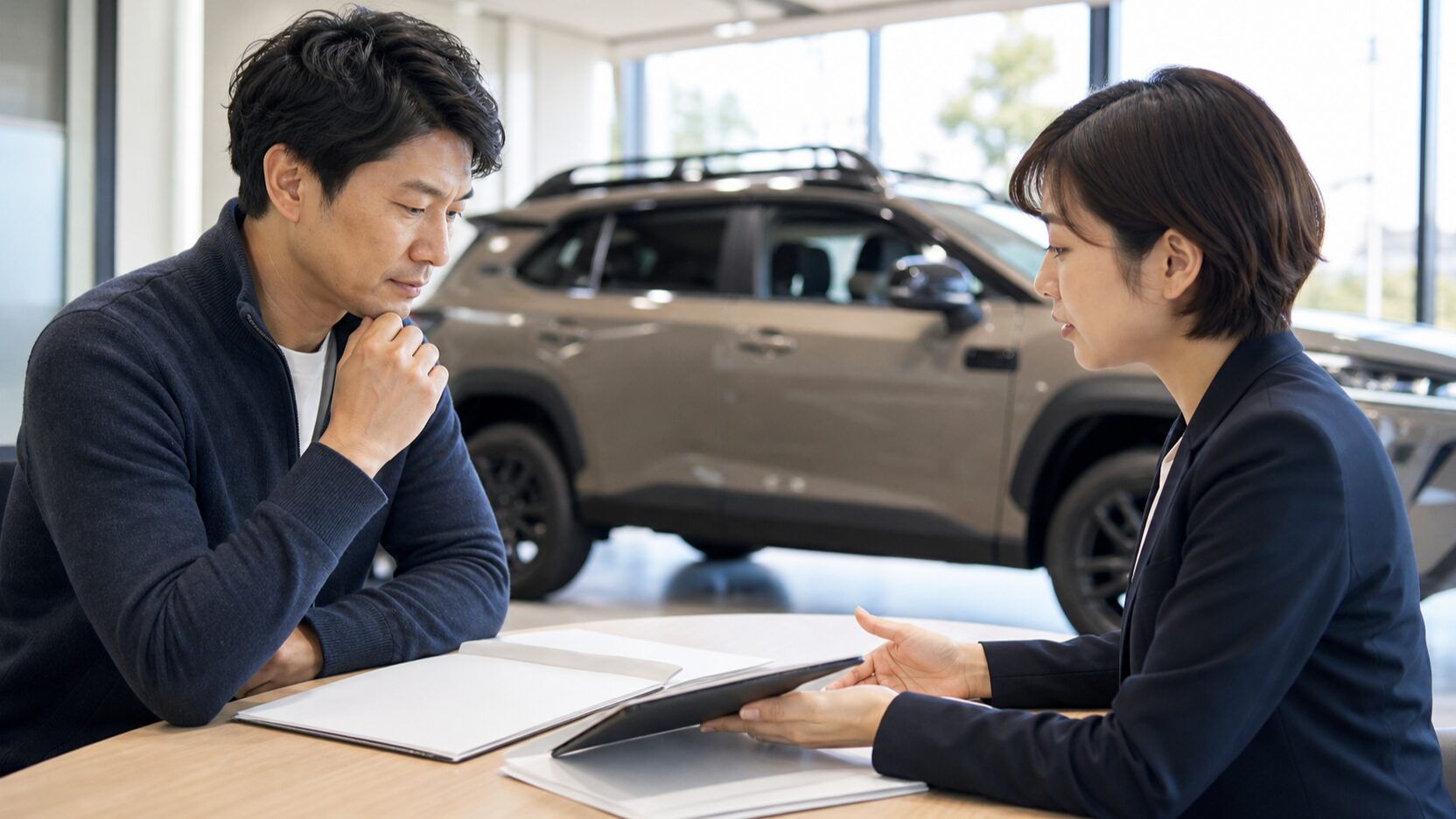 新型RAV4の価格と見積もりを確認するショールームのイメージ