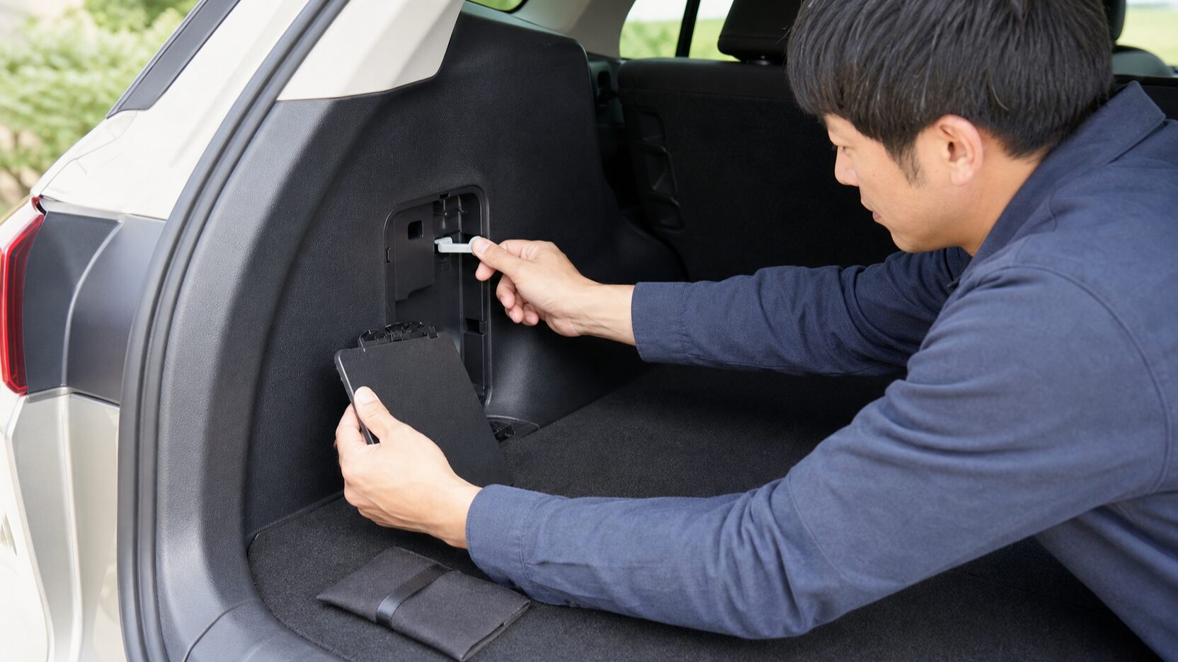 RAV4のラゲージ内にある給油扉緊急用レバーを操作するイメージ