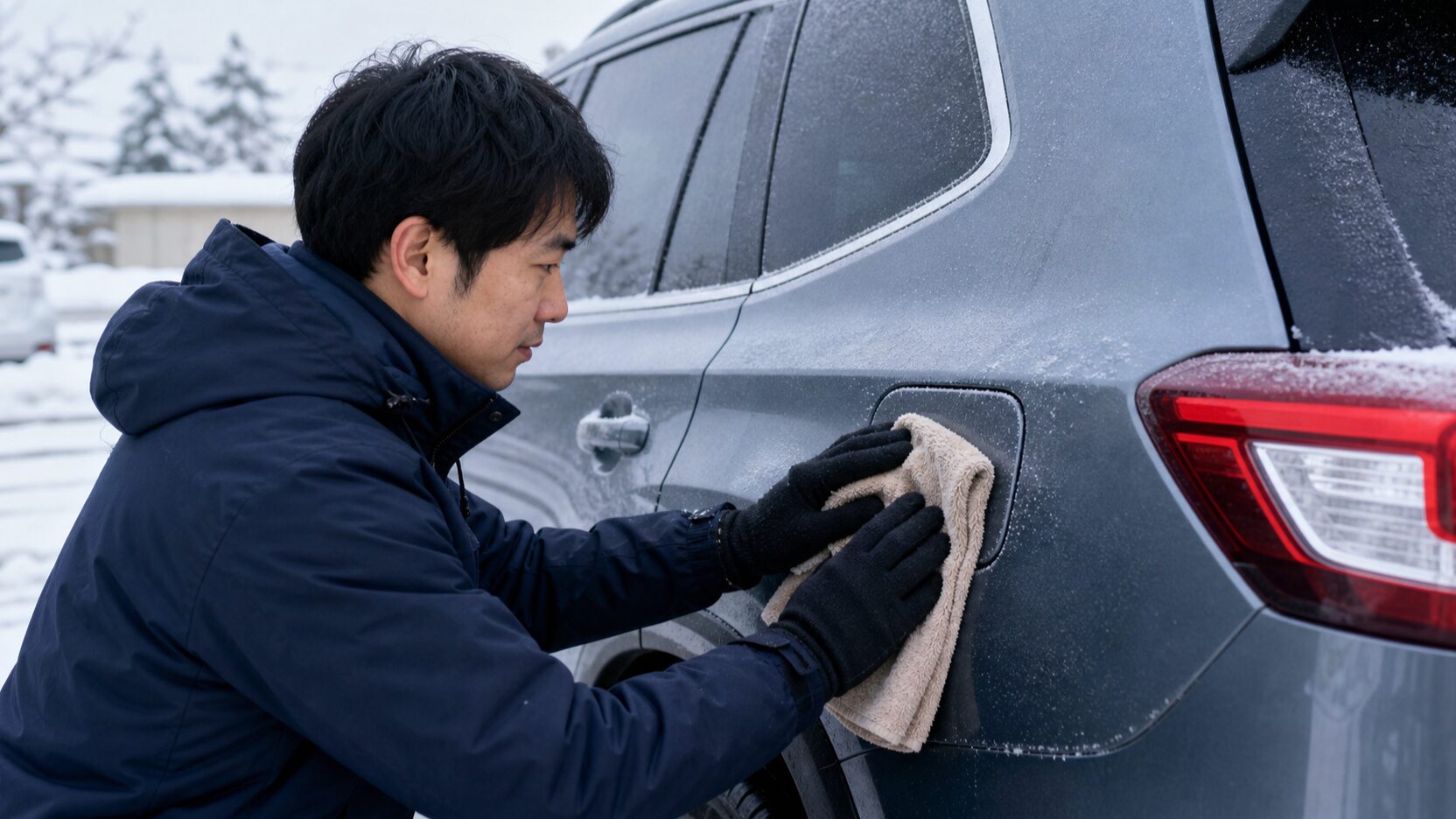 凍結したRAV4の給油扉を温かい布で安全に解かすイメージ