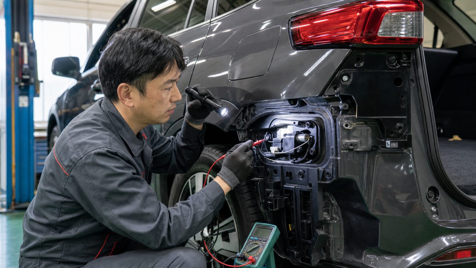 RAV4の給油扉ワイヤーや電動ロックを整備工場で点検するイメージ
