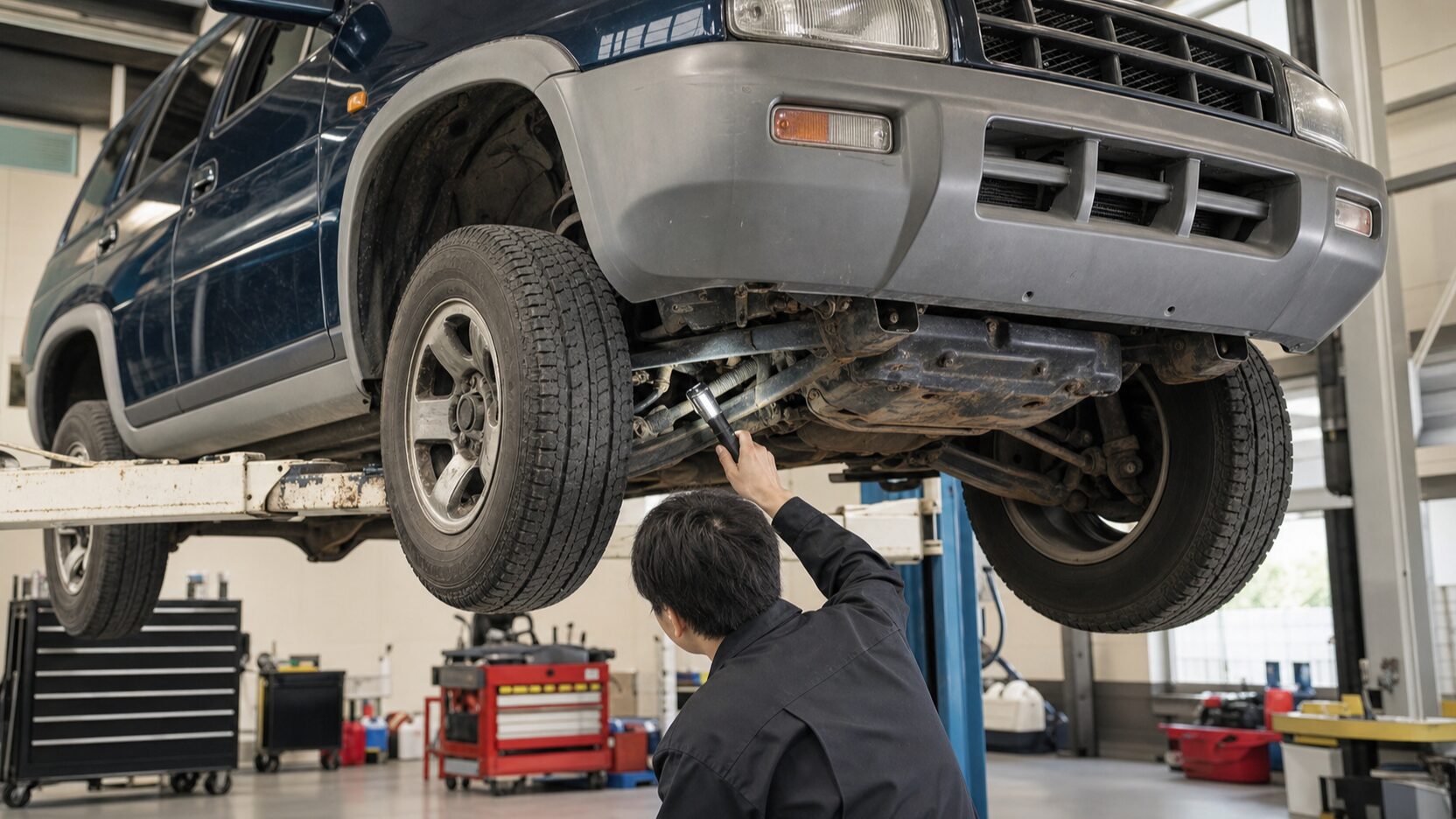 初代RAV4風中古SUVの下回りと整備状態を点検するイメージ