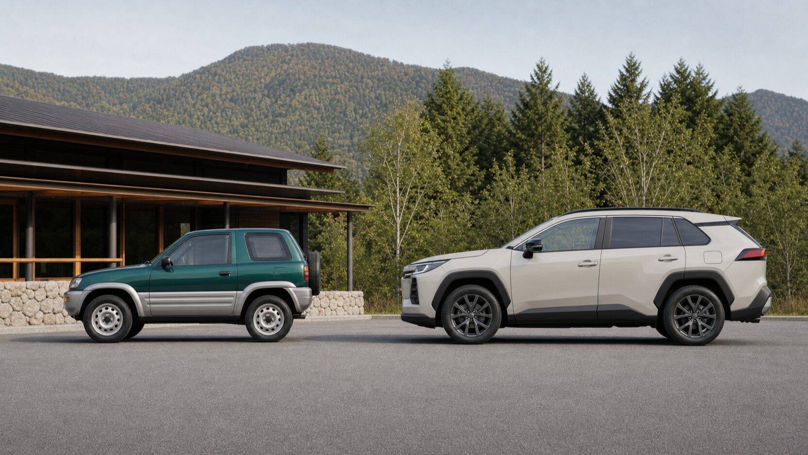 レトロなコンパクトSUVと現代的なRAV4風SUVを比較するイメージ