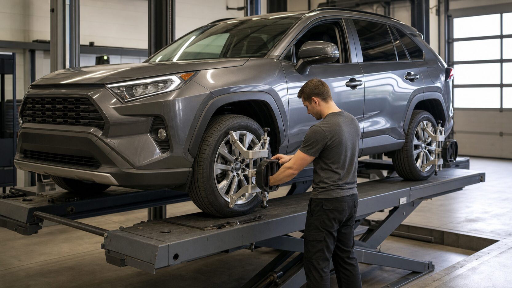RAV4リフトアップ後に四輪アライメントを調整するイメージ