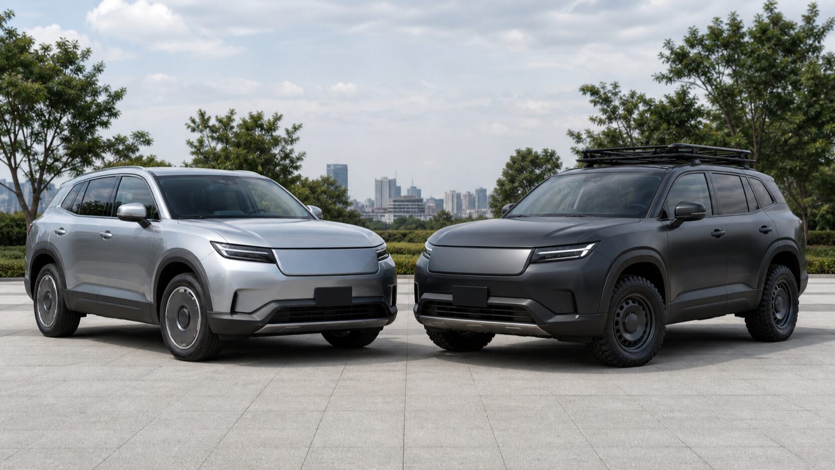 RAV4のモデリスタ風とTRD風の方向性を比較する2台の汎用SUVイメージ