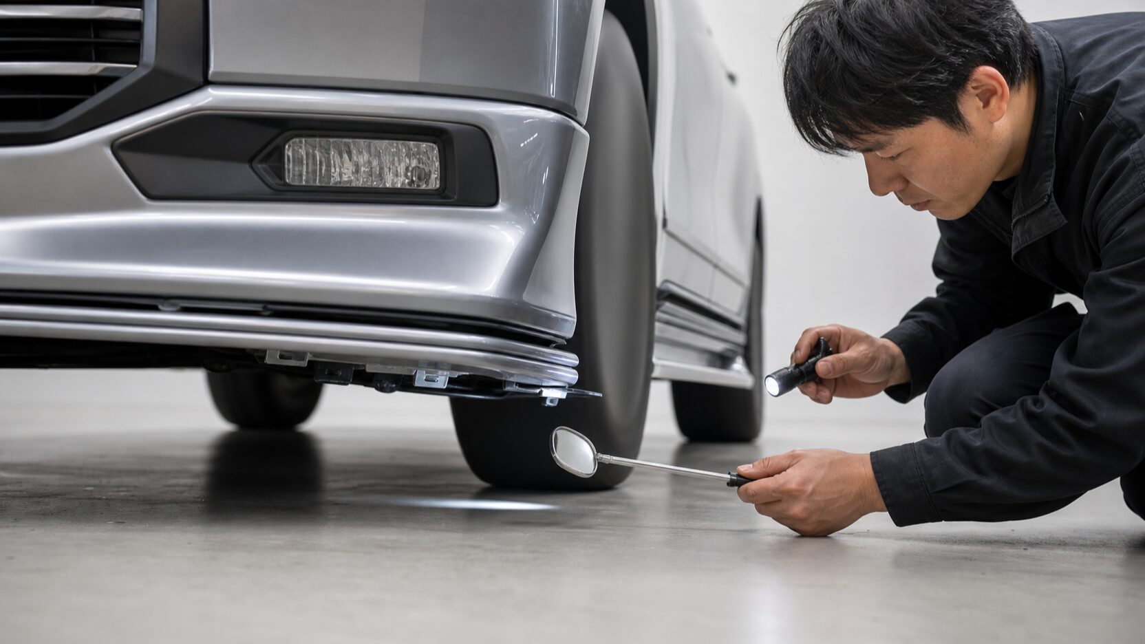RAV4用エアロの下端や取付部を中古購入前に点検する整備士のイメージ