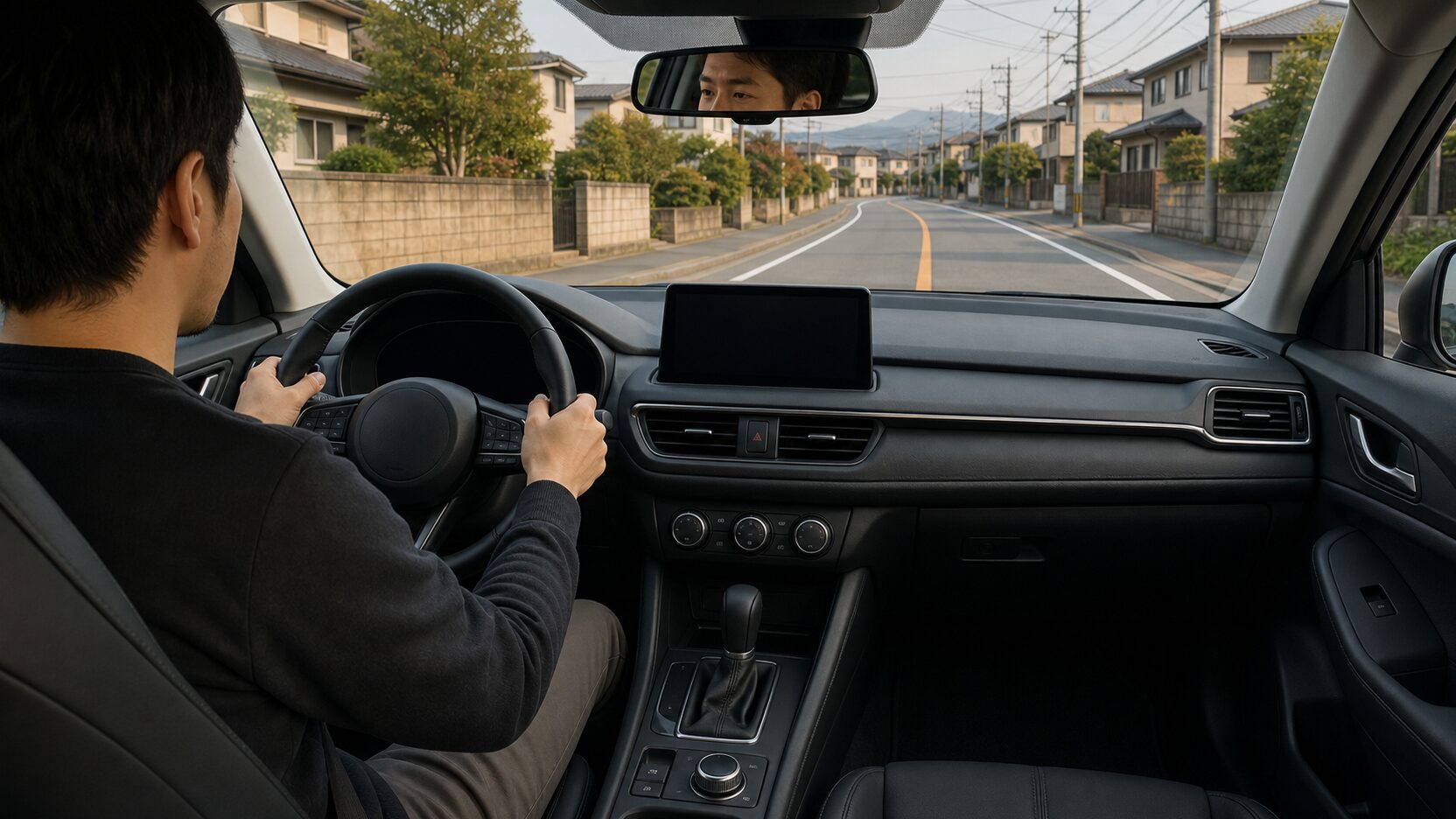 日本の左側通行で北米仕様SUVの左ハンドルを運転するイメージ