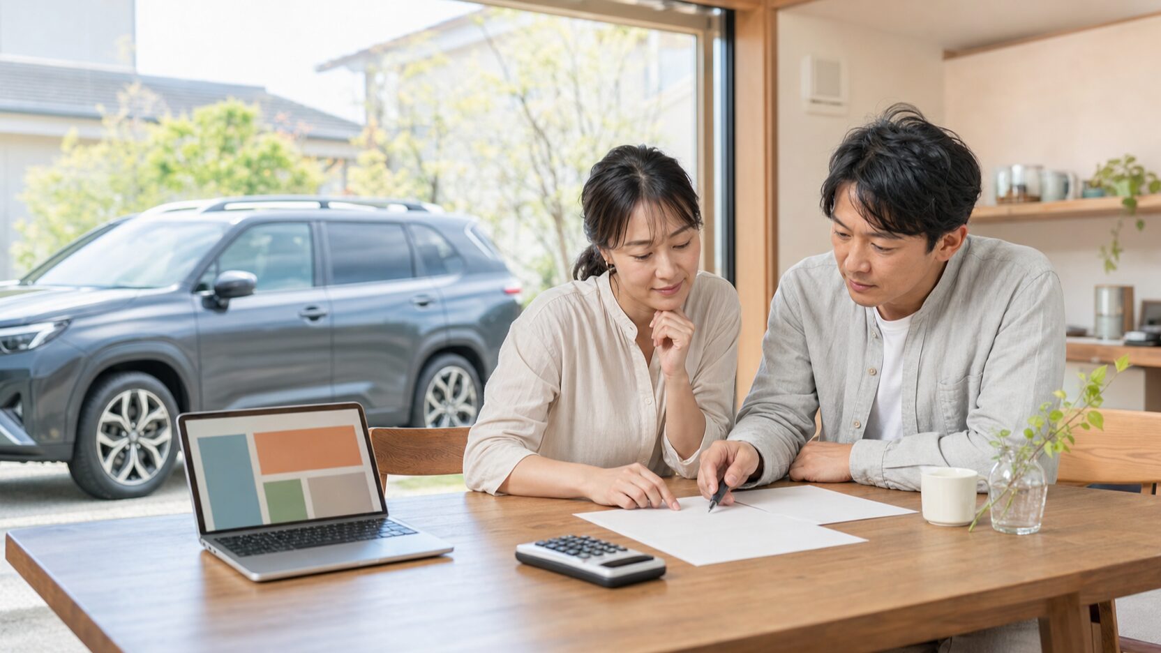 RAV4購入前に家計と年収を確認する日本人夫婦のイメージ