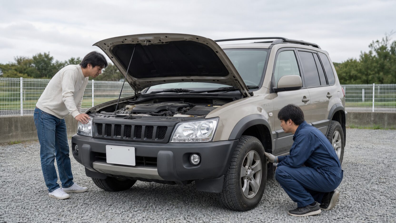 中古のRAV4風SUVを購入前に点検する日本人のイメージ