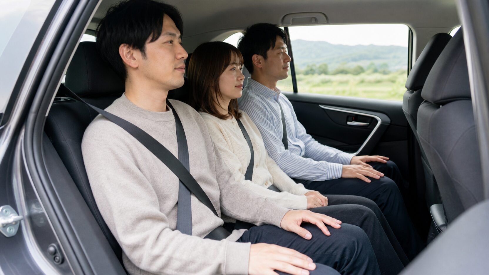 RAV4の後部座席に大人3人で座る広さのイメージ