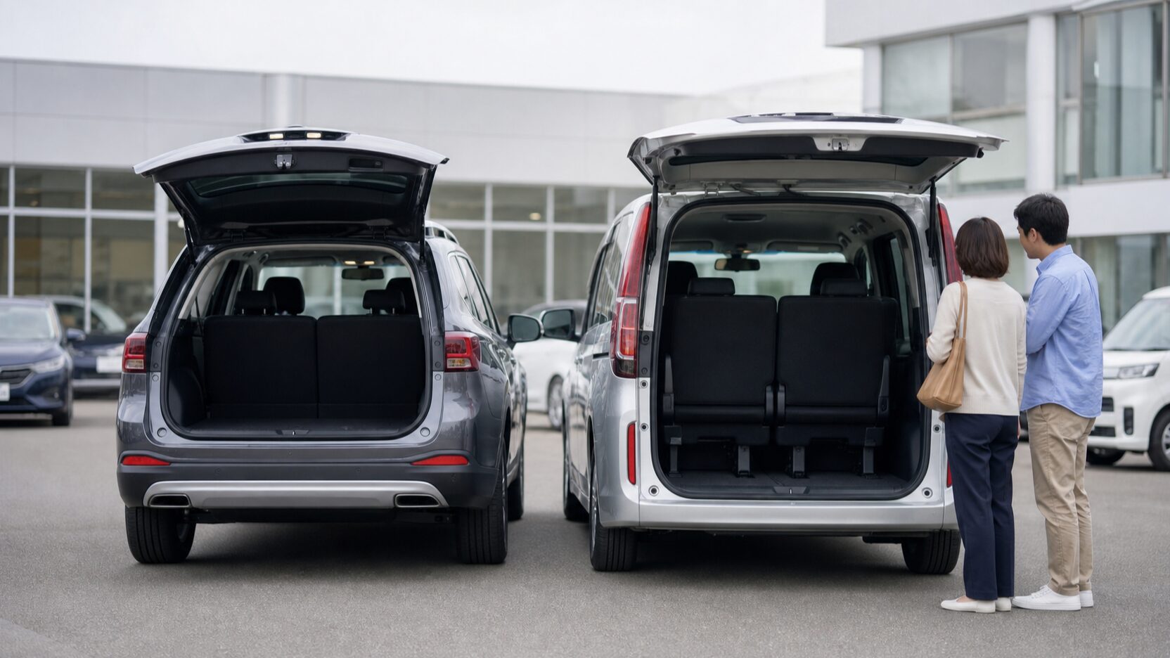 RAV4とミニバンを家族の3人乗車で比較するイメージ