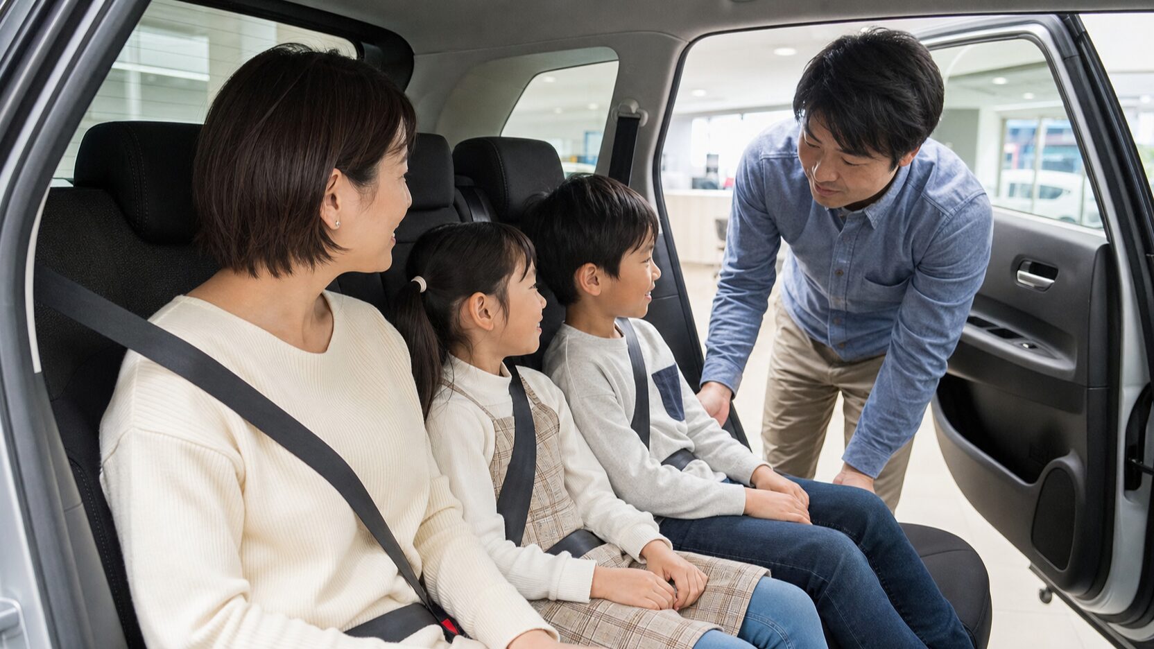 RAV4購入前に家族3人で後部座席を確認するイメージ