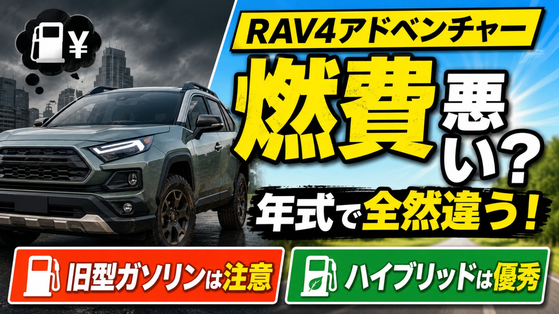 RAV4アドベンチャーの燃費について、旧型ガソリン車は注意、ハイブリッドは優秀で年式によって大きく違うことを伝えるアイキャッチ画像。