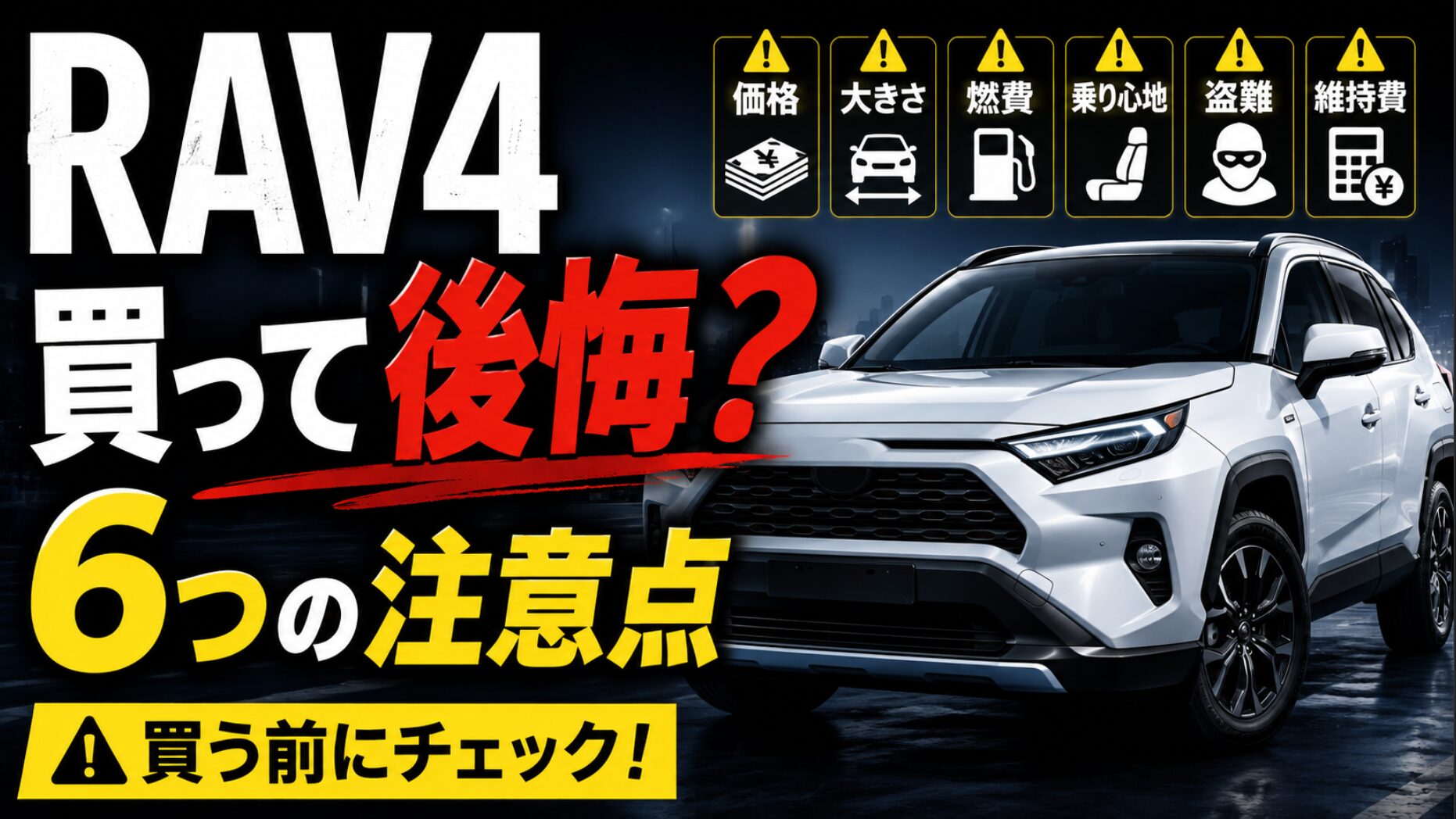 RAV4の購入で後悔しないために、価格・大きさ・燃費・乗り心地・盗難・維持費の6つの注意点を分かりやすく示したSUVのアイキャッチ画像。